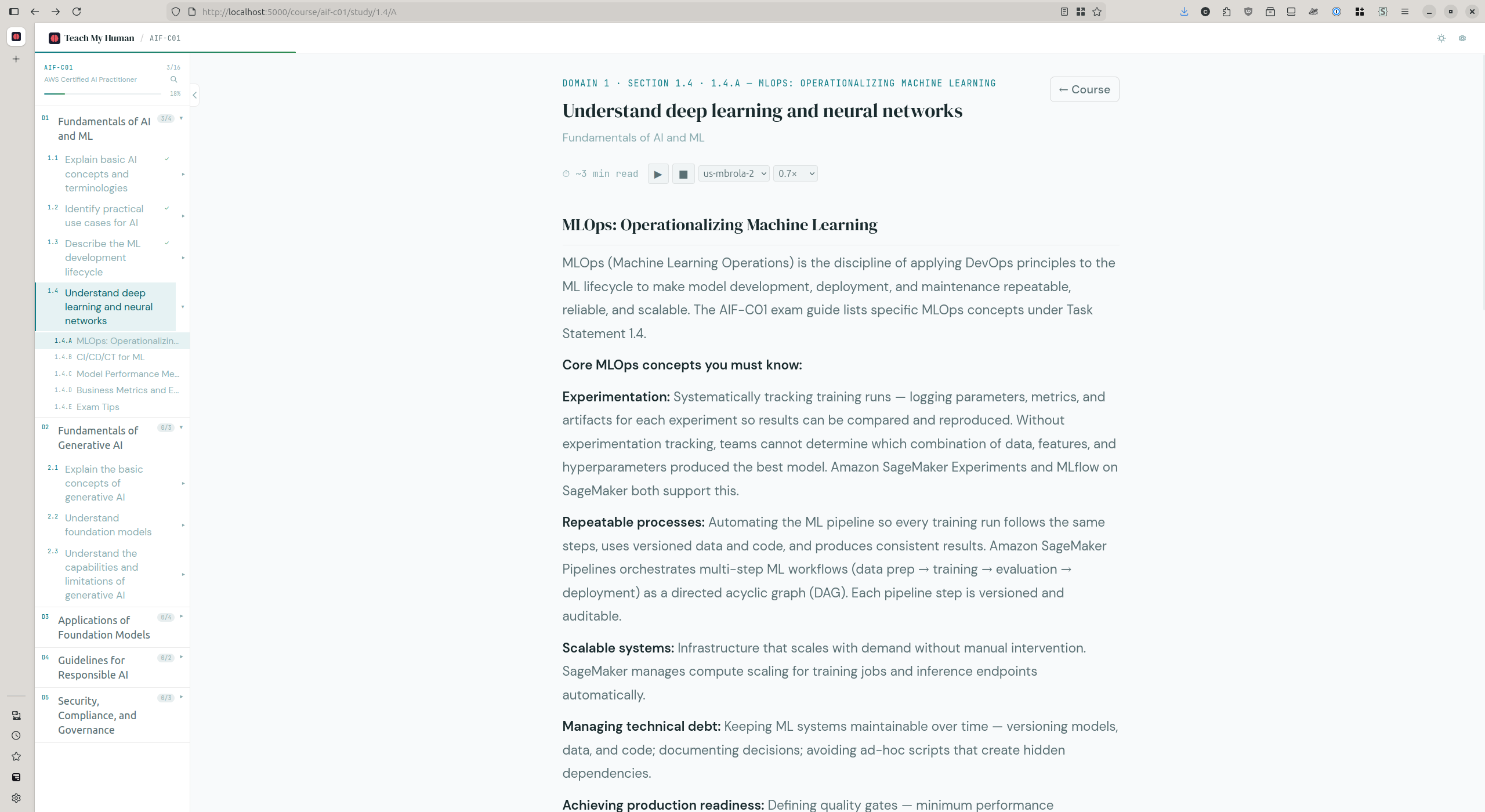 TMH study view showing the course sidebar and learning material for Section 1.4